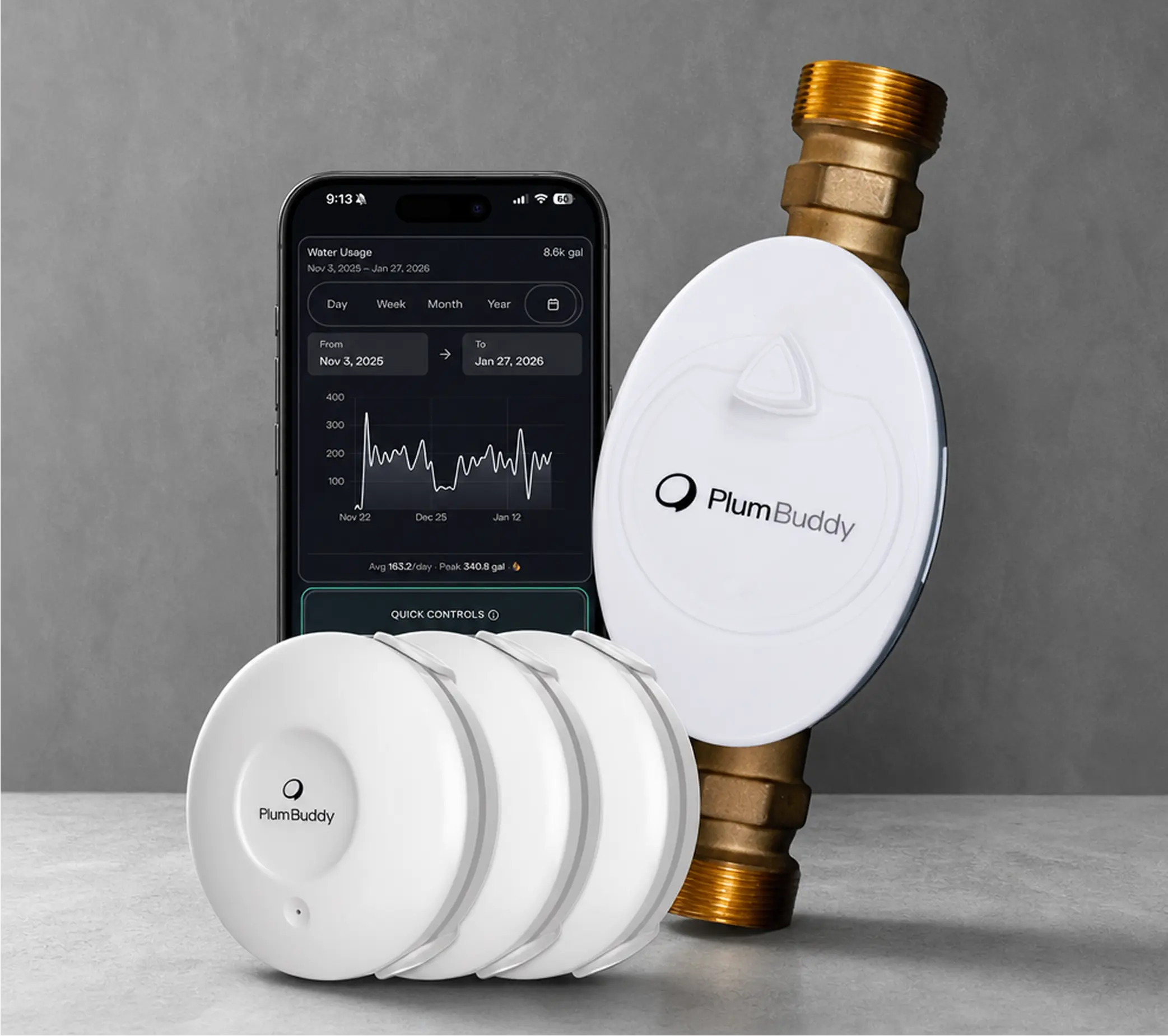 The PlumBuddy Total Protection Pack: smart shutoff valve, three leak sensors and the app showing water usage