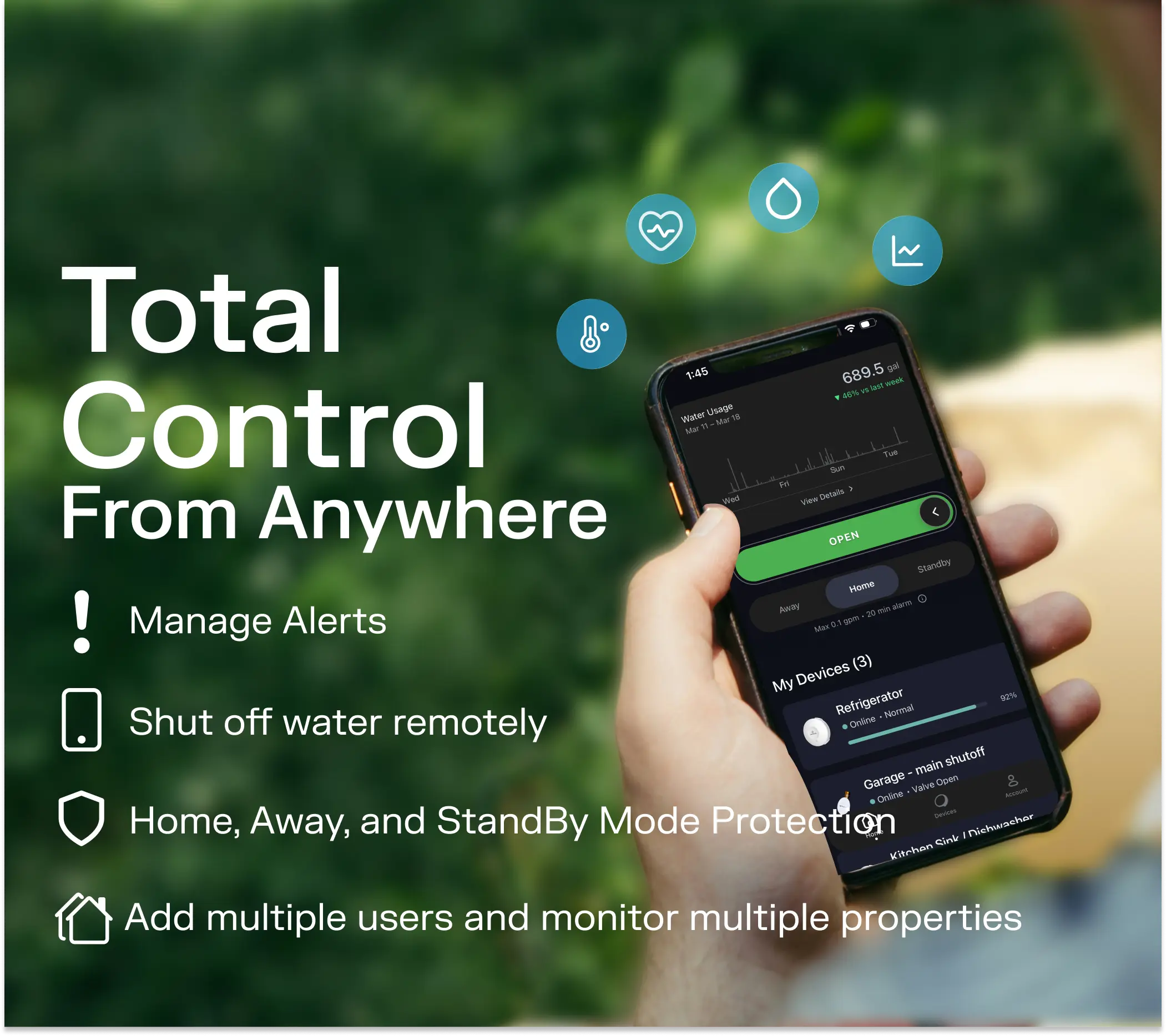 Total control from anywhere: managing alerts and shutting off water from the app
