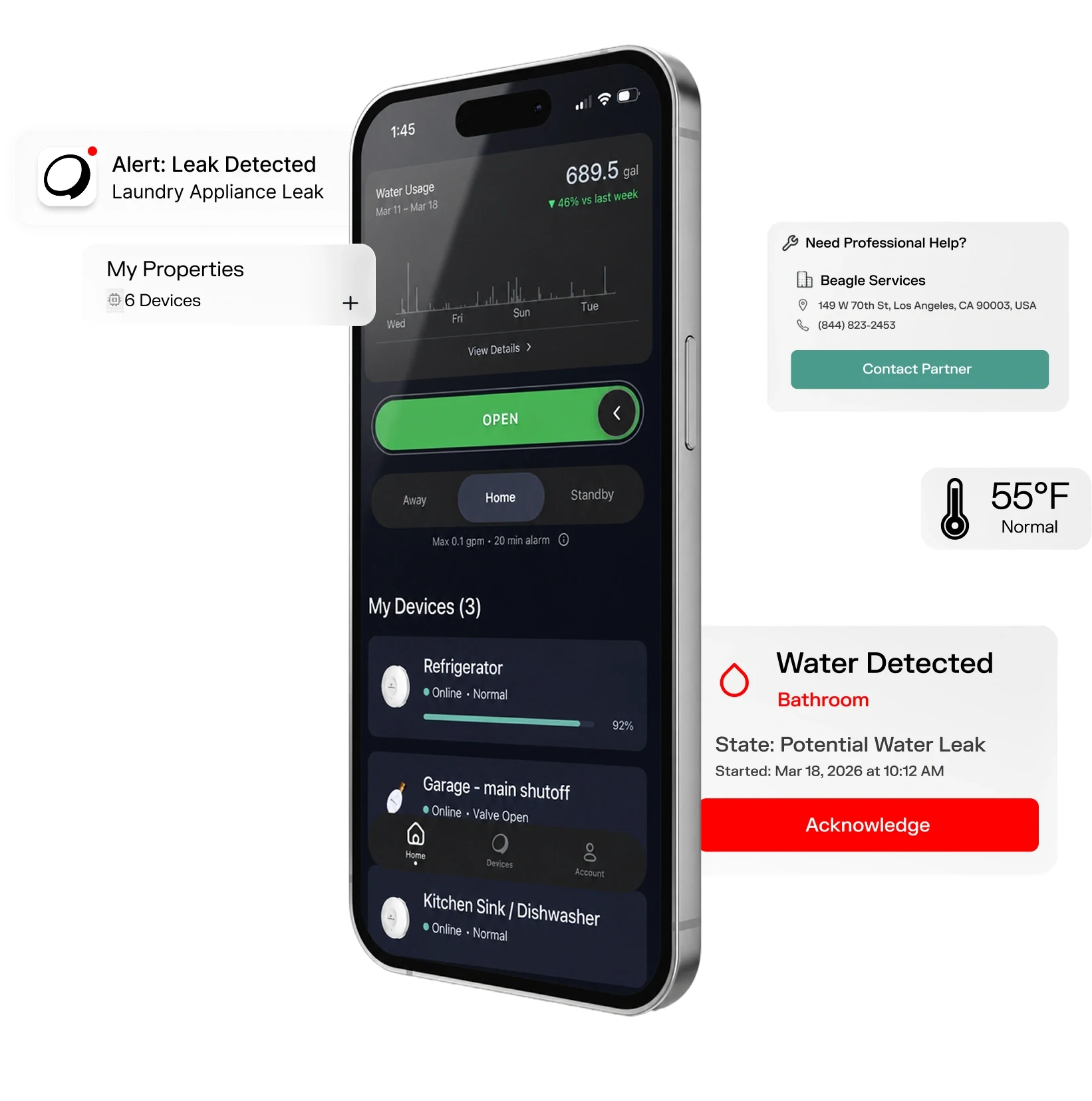 PlumBuddy mobile app dashboard surrounded by leak alert, device, temperature and partner-support cards