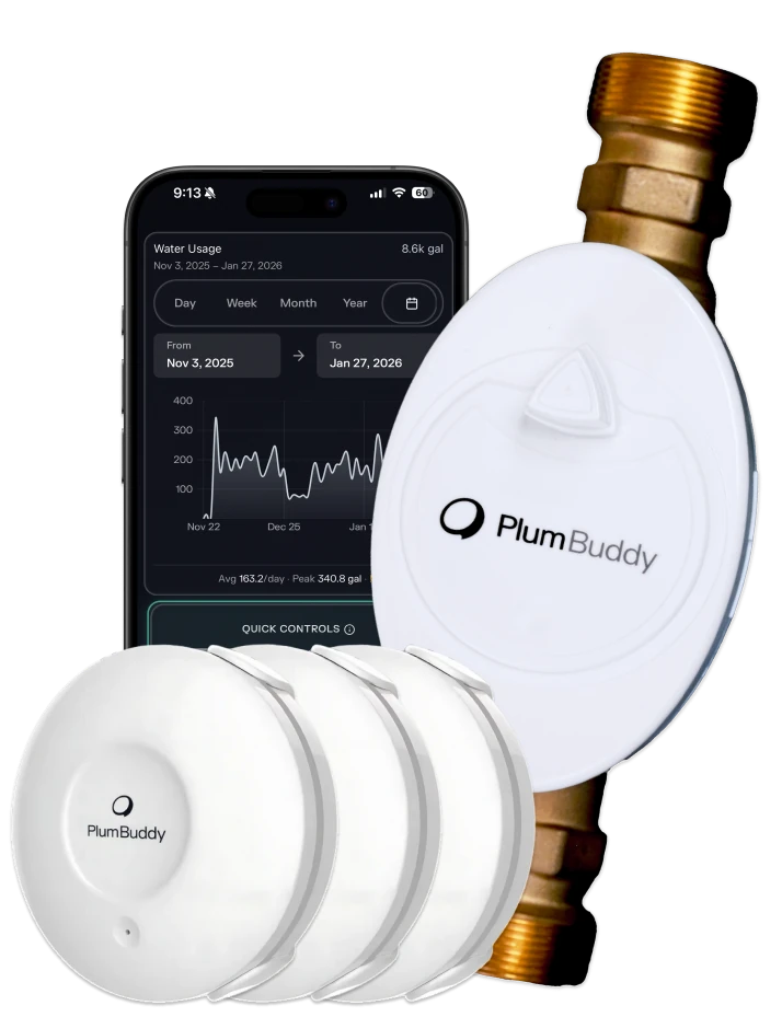 PlumBuddy Total Protection Pack — smart valve, mobile app, and three leak sensors