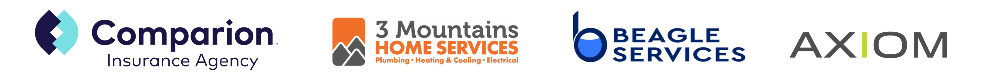 Partner logos: 3 Mountains Plumbing, Beagle Services and Axiom