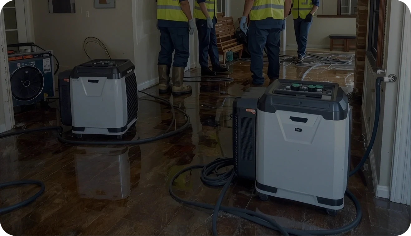 Restoration crews and dehumidifiers drying out a flooded interior after water damage