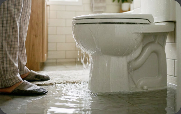 Water pooling across a tiled bathroom floor beside a leaking toilet
