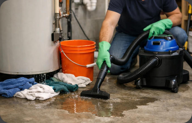 A person vacuuming up spilled water beside a water heater