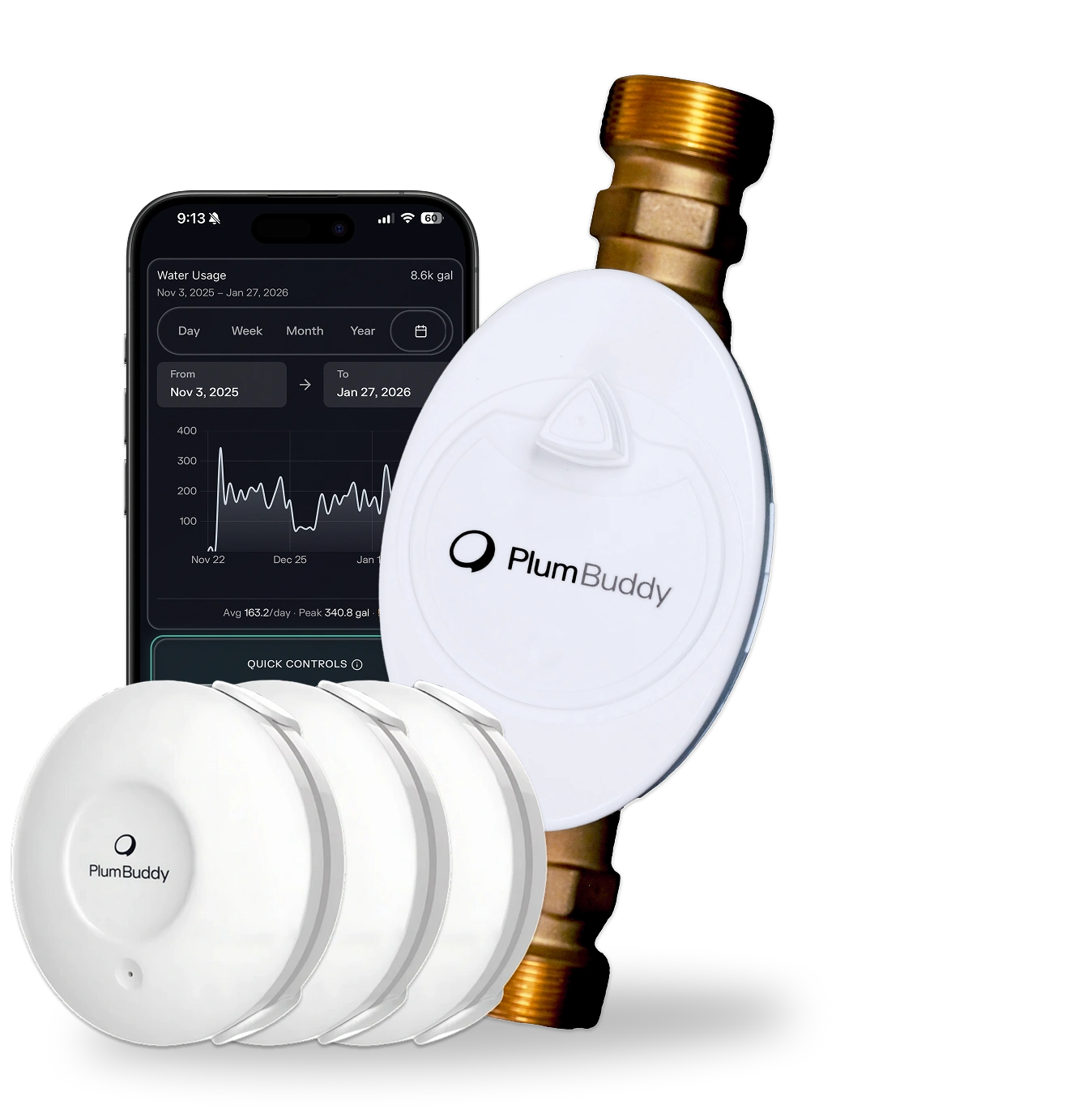 The PlumBuddy Total Protection Pack: the smart shutoff valve, three PlumAssist sensors and the app
